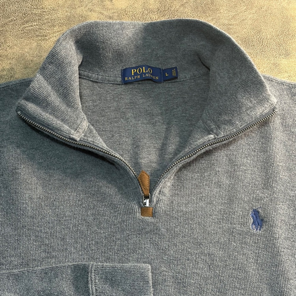 Polo Ralph Lauren Quarter Zip Pullover Mens L Gray Cotton Ribbed Knit Sweater